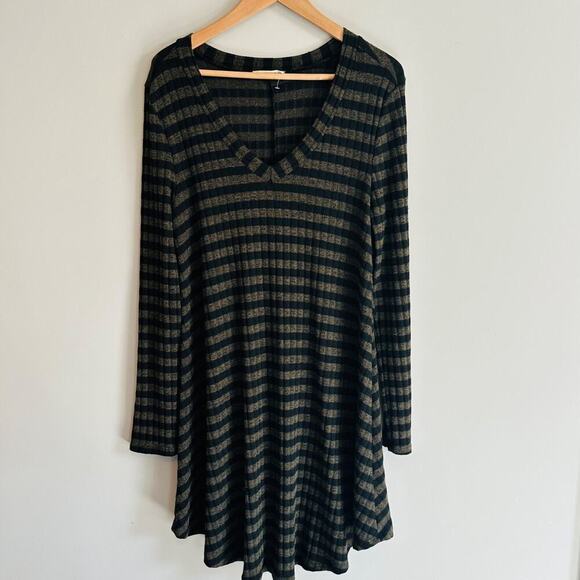 Entro Ribbed Jersey Striped Swing Dress Womens Large Green Black Long Sleeve - Picture 6 of 7